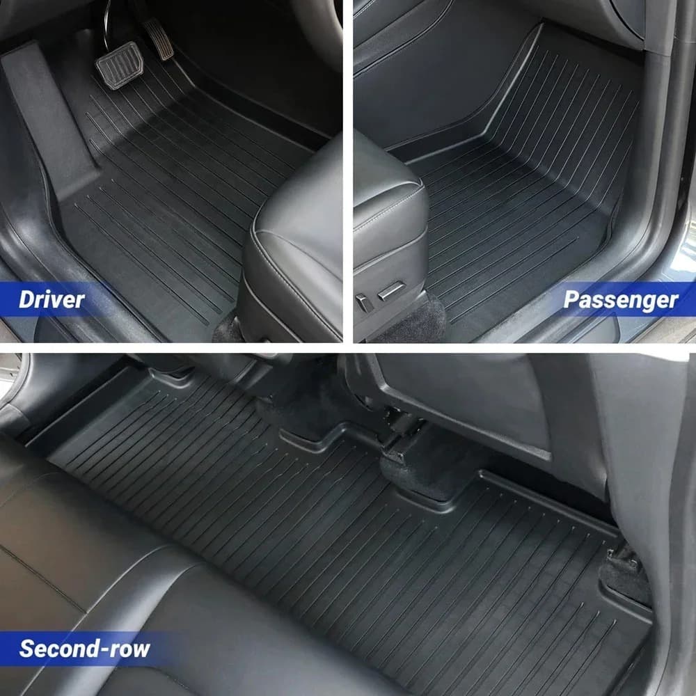 Alfombras all-weather TPE instaladas en Tesla Model Y 2020–2024: conductor, acompañante y segunda fila