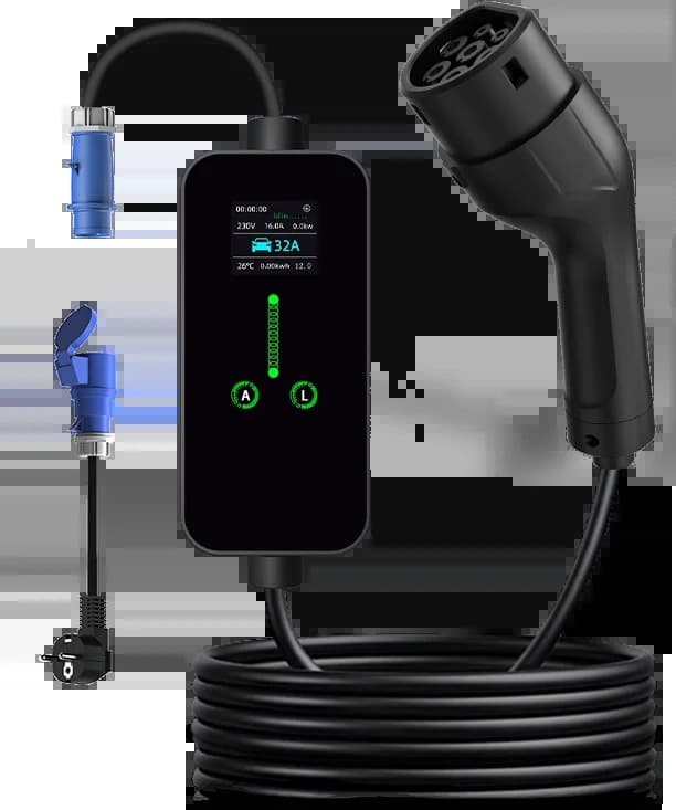 Cargador portátil Type 2 de 32 A con ficha CEE y cable adaptador a Schuko