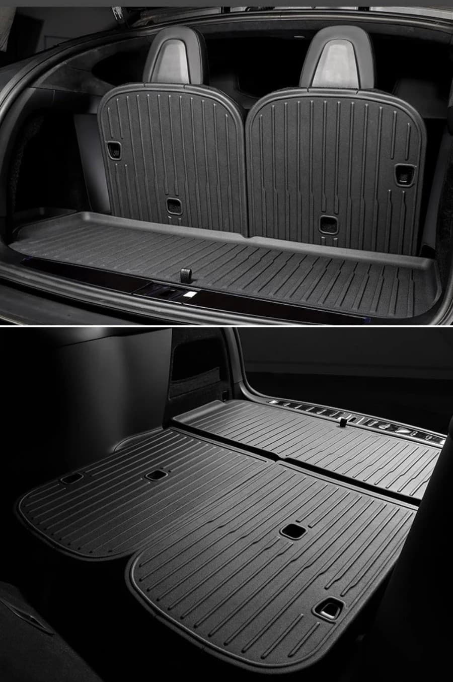 Protector TPE de baúl y respaldos instalado en Tesla Model X 2021+ (6/7 asientos)