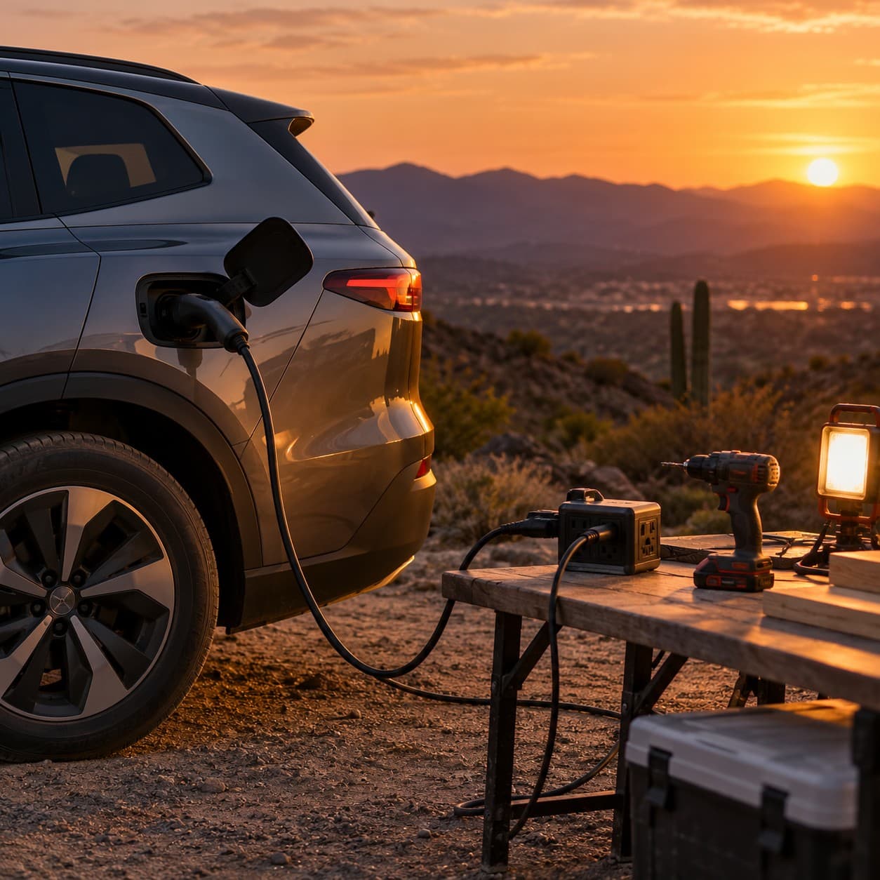 SUV eléctrico gris sin marcas estacionado al atardecer en un paisaje árido de México, con el puerto de carga trasero izquierdo abierto y un cable conectado a un equipo de alimentación junto a una herramienta eléctrica y una lámpara encendida sobre una mesa.